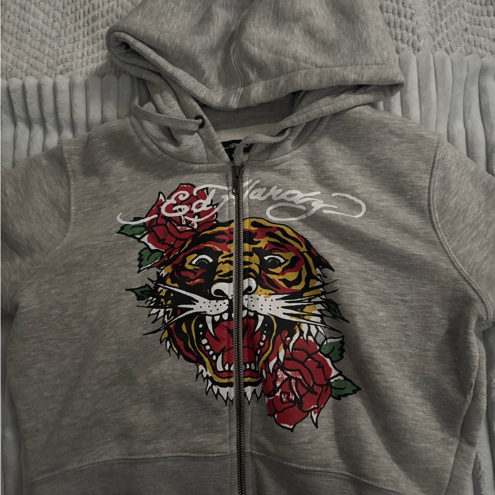 Ed Hardy Gray Hoodie with Tiger and Rose Design